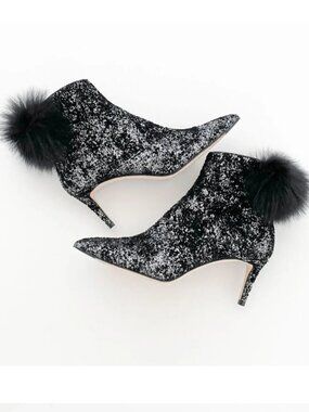Jimmy Choo Tesler 65 Ankle Boots  US 10 Black Glitter Booties Fur Heel